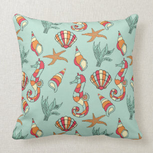 Almofada Teal de Patterno de Seacavalo e Seashell