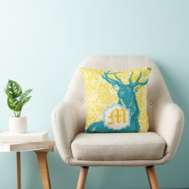 Almofada Teal Deer no Padrão Floral Amarelo Vintage