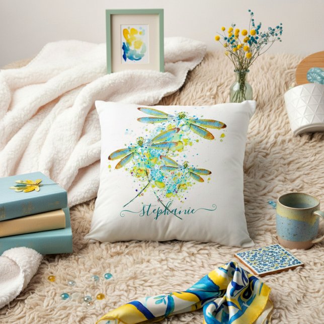 Almofada Teal Dragonfly splatter personalizado (Criador carregado)