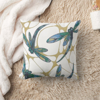 Almofada Teal & Emerald Dragonflies on Retro Yellow Groove