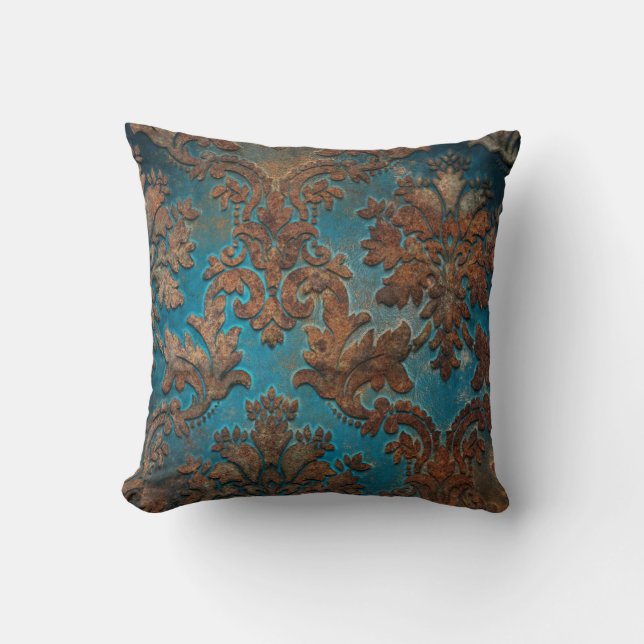 Almofada Teal escuro e Patina Damask (Frente)