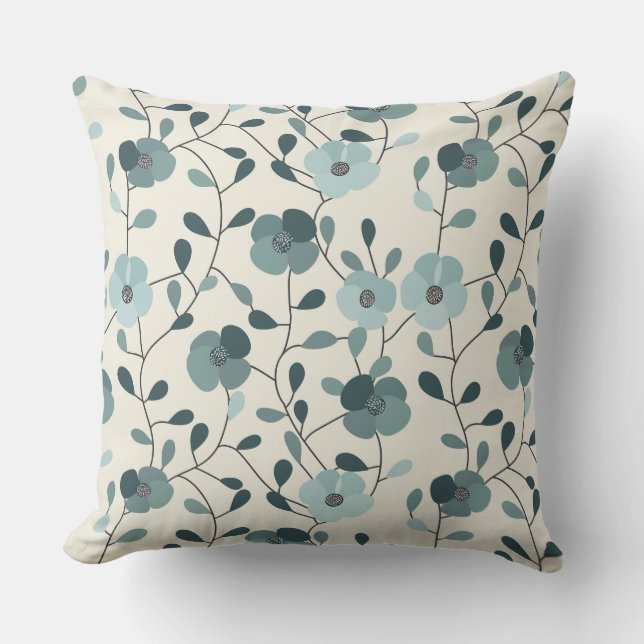 Almofada Teal Green and Beige Floral Throw Pillow (Frente)