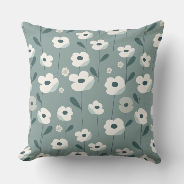 Almofada Teal Green and White Floral Throw Pillow (Frente)