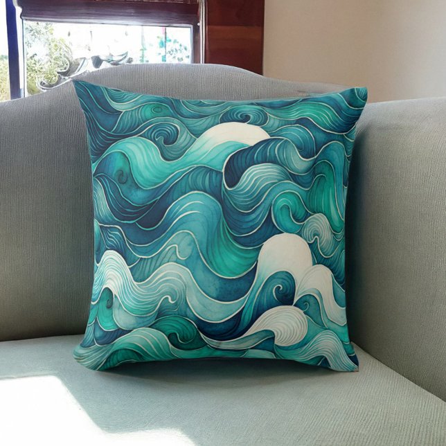Almofada Teal Ocean Waves Beach House (Criador carregado)