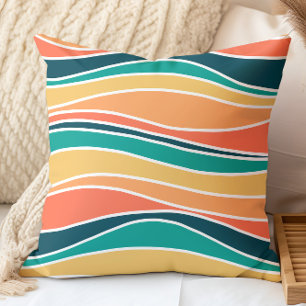 Almofada Teal Padrão das Linhas Ondas Retroativas, Laranja,