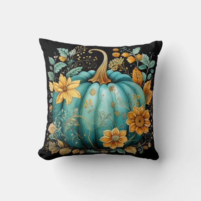 Almofada Teal Pumpkin Autumn Boho Fall Black (Frente)