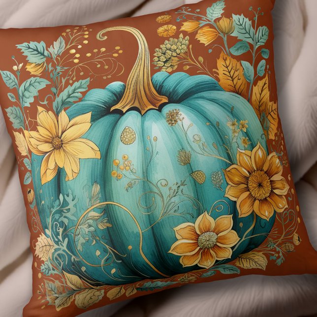 Almofada Teal Pumpkin Autumn Boho Fall Caramel (Teal Pumpkin Autumn Boho Fall Caramel Throw Pillow)