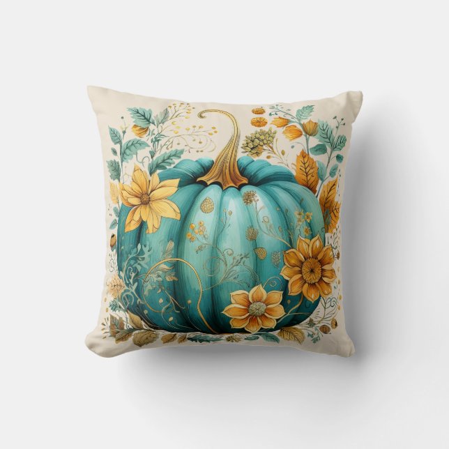 Almofada Teal Pumpkin Autumn Boho Fall Ecru (Frente)