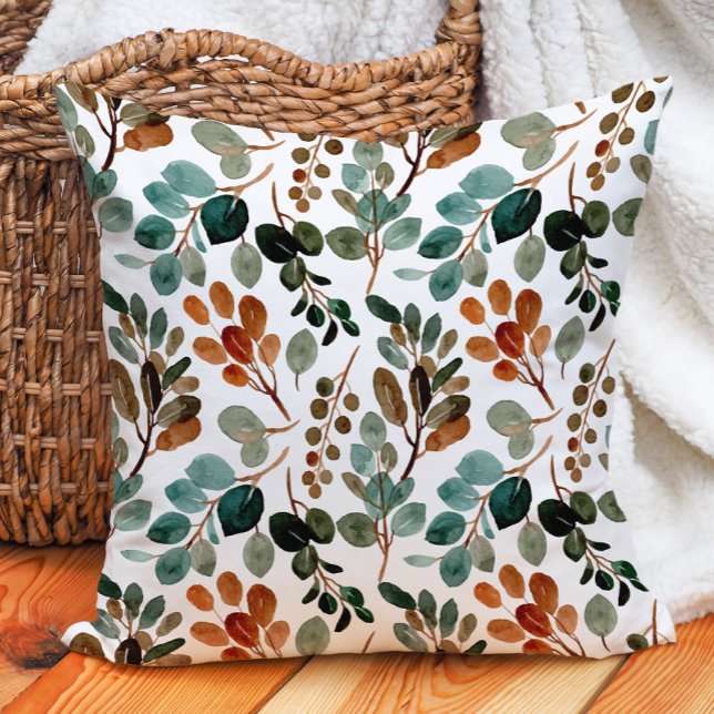 Almofada Teal Rust Sage Green deixa queda branca outono (Teal and rust watercolor leaves on white pillow)