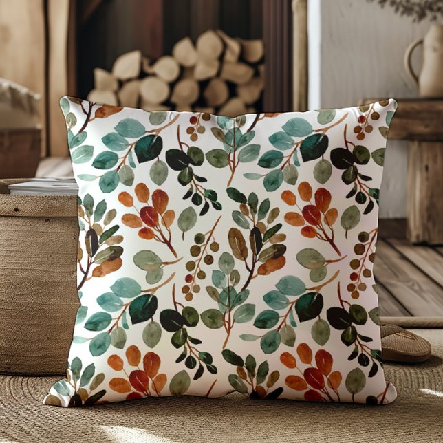 Almofada Teal Rust Sage Verde Brown Sai do outono (Elegant teal, rust, sage green, and brown leaves decorator pillow)