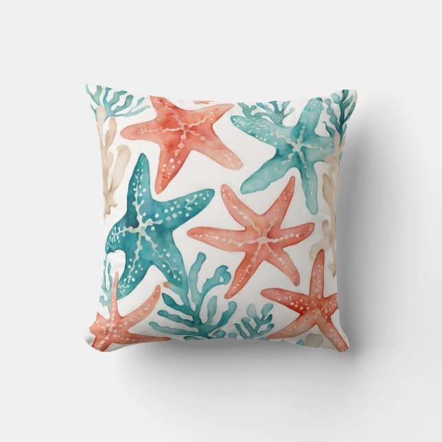Almofada Teal Starfish Beachy Seashell Patterno (Frente)