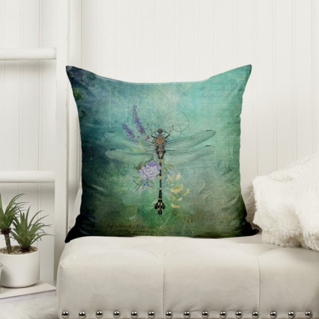 Almofada Teal Vintage Dragonfly e Flowers (Criador carregado)