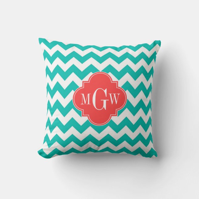 Almofada Teal White Chevron Coral Quatrefoil 3 Monograma (Frente)
