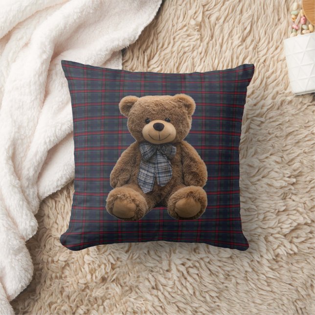 Almofada Teddy Bear Tartan Monogram Birth Stats Newborn Boy (Cobertor)