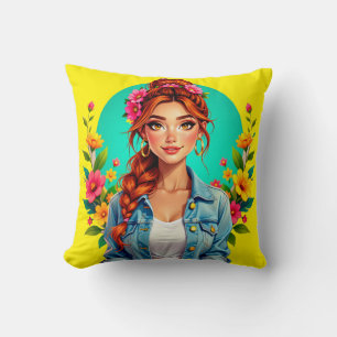 Almofada Teen Girl Aestic - Retrato de Cartoon Floral