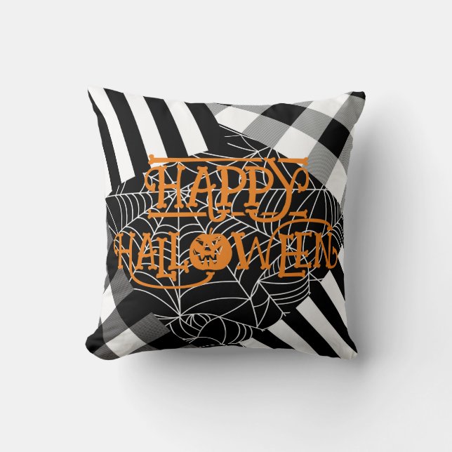Almofada Teia de Aranha Preto e Branco Remendado Halloween (Frente)