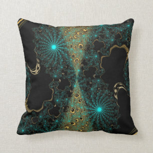 Almofada Tela de Web Fractal de Contraste Teal e Dourada