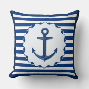 Almofada Tema Náutico Tema Azul Âncora Branca Faixa Marinha