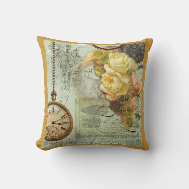 Almofada Tempo de Steampunk e Rosas Amarelas (Frente)