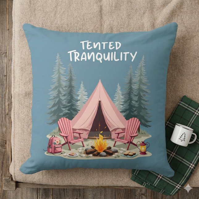 Almofada Tent & Campfire (Cozy Camping Aesthetic Glamping Tent & Campfire Throw Pillow Mockup A)