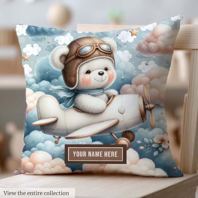 Almofada Tente o travesseiro do chá de fraldas do garoto-pi (Trend cute teddy bear pilot boy baby shower pillow)