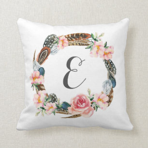 Almofada Terra Floral de Aquarela com Penas Monograma