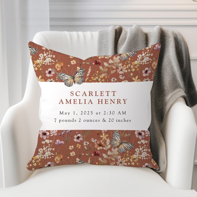 Almofada Terracotta Boho Wildflower Baby Stats (Terracotta Boho Wildflower Baby Stats Throw Pillow with Butterflies by Painted Paperie
)