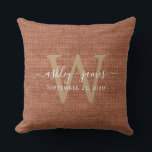 Almofada TerraCotta Linen Monograma Casamento Keepsael<br><div class="desc">O casamento russo e moderno mantém o terracotta com efeito de linhagem tecida travesseiro com o seu texto em caligrafia branca manuscrita e o seu monograma na tipografia de na moda dourada. Basta adicionar seus nomes, monograma e data de casamento. presente de excelente para um casal recém-casado. Desenvolvido exclusivamente para...</div>