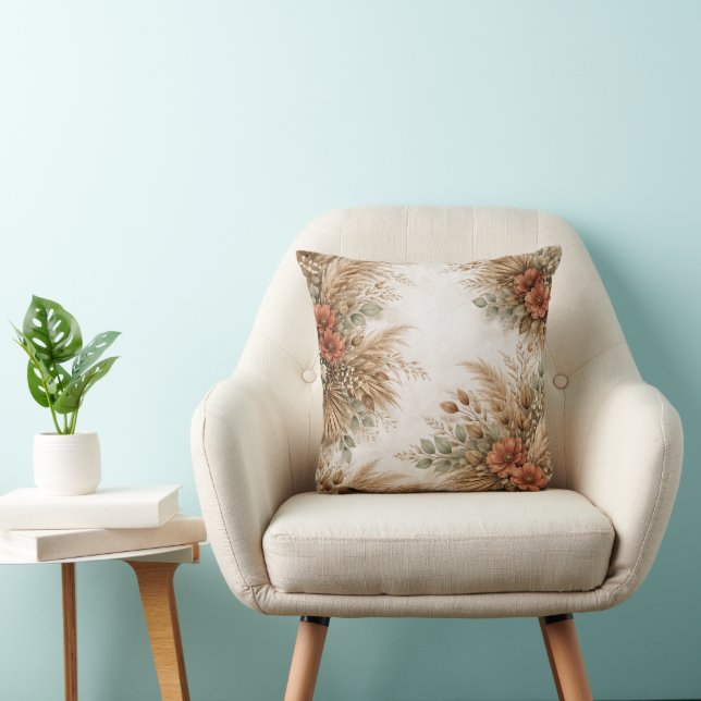 Almofada Terracotta Sage Boho Pampas Quadro Floral (Cadeira)