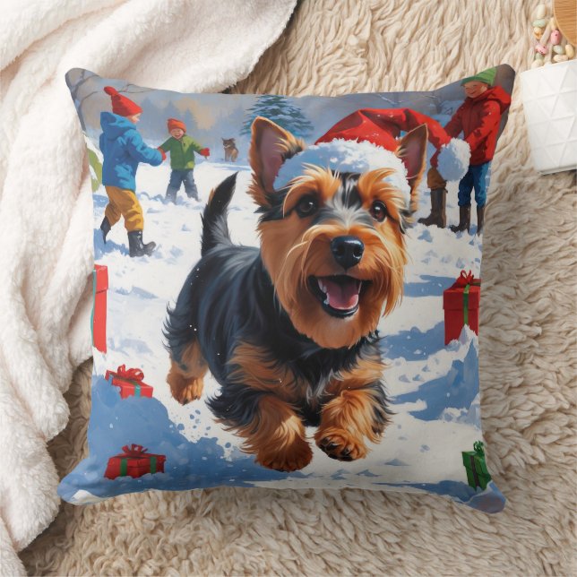 Almofada Terrier Escocês Correndo na Neve com Chapéu de Nat (Cobertor)
