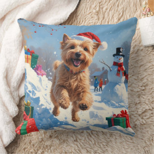 Almofada Térrier Wheaten Correndo na Neve com Chapéu de Nat