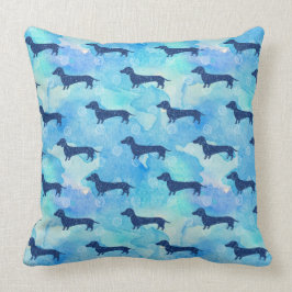Almofada Teste padrão azul do Dachshund da aguarela do