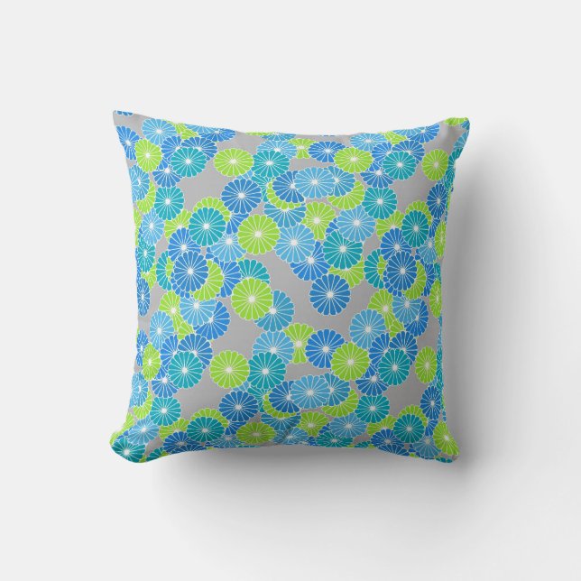 Almofada Teste padrão de flor do art deco - azul e verde (Frente)
