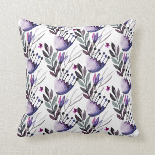 Almofada Teste padrão de flores roxo e cinzento da aguarel