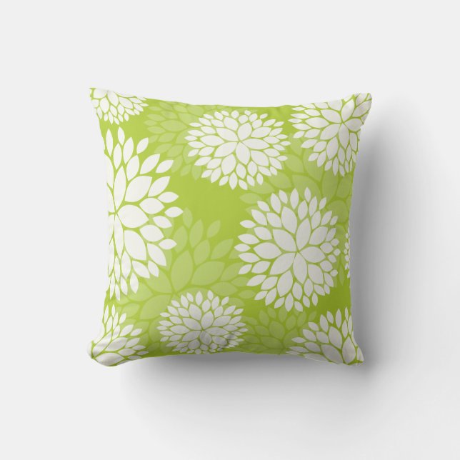 Almofada Teste padrão floral branco do verde limão (Frente)