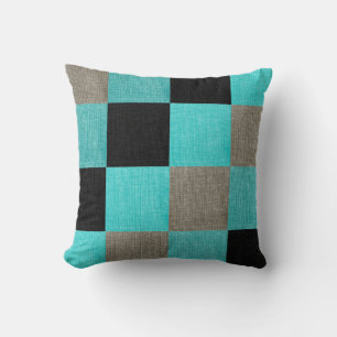 Almofada Teste padrão quadrado azul, preto e cinzento da