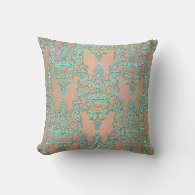 Almofada Têxtil Damask Fancy em Azul Pastel sobre Dourado P (Frente)