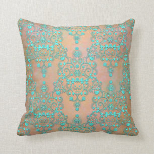 Almofada Têxtil Damask Fancy em Azul Pastel sobre Dourado P