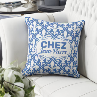 Almofada Texto francês azul e branco Fleur de lys