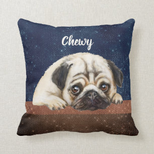 Almofada Texto personalizado "Cute Pug" moderno, azul-marro