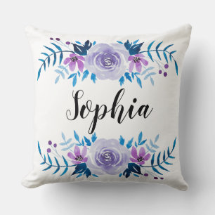 Almofada Texto Personalizado de Texto Floral Púrpura Azul-C