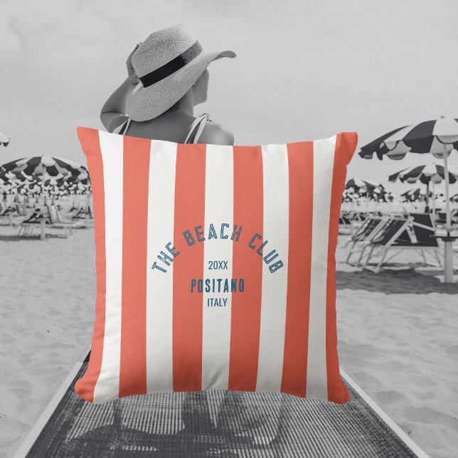 Almofada The Beach Club Crest Orange Red Cabana Stripe (Criador carregado)