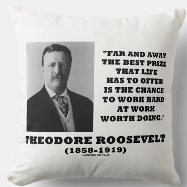Almofada Theodore Roosevelt, Prêmio de Melhor Vida, Oferece (Throw pillow featuring inspirational words of wisdom on work by US President Theodore Roosevelt)