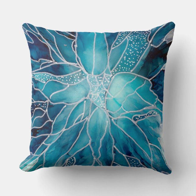 Almofada Throw Cushion -  Alcohol Ink Art Blue White Flower (Frente)