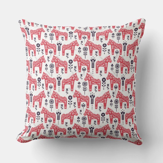 Almofada Throw Cushion - Dala Horse e Design Floral Sueco (Frente)