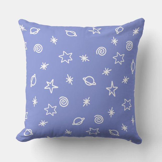 Almofada Throw Pillow Blue Space Doodle Stars Planets (Frente)