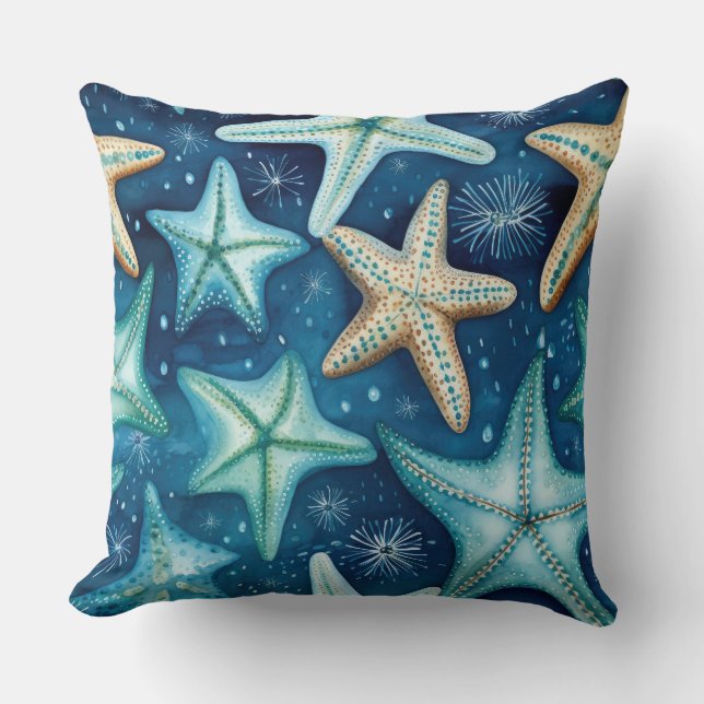 Almofada Throw Pillow Blue Starfish Beach Scene Tropical  (Frente)