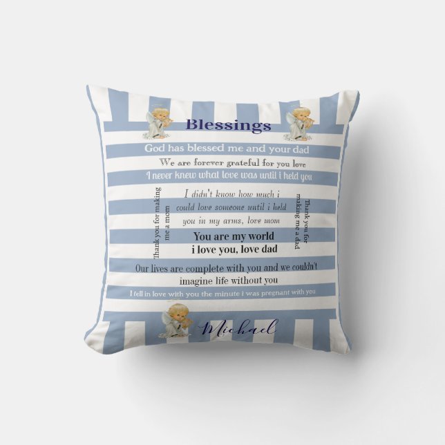 Almofada Throw Pillow Blue & White Stripe Blessings  (Frente)