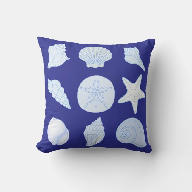 Almofada Throw Pillow in ocean blue with seashells (Frente)