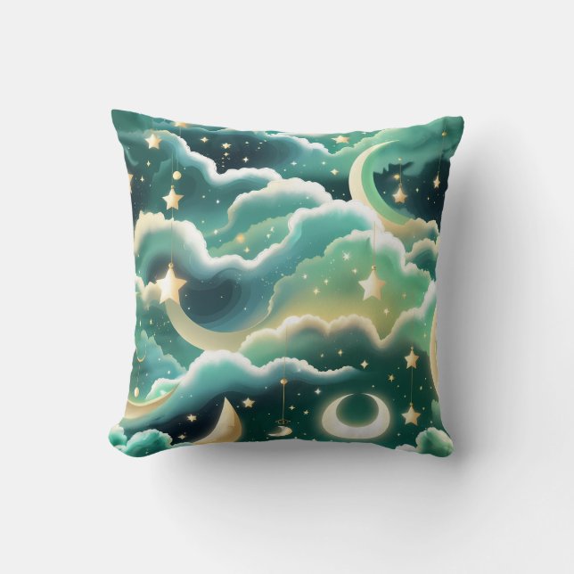 Almofada Throw Pillow – Luxury Mint Green Celestial Moon (Frente)